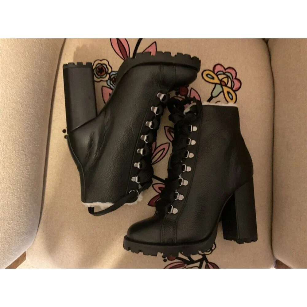 Schultz Zhara Black Lace Sherpa Stacked Lug Leather Boots 7 NEW $250 Moto Boho